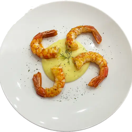 ricetta Gamberoni con crema di patate
