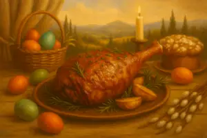 Cosciotto di agnello arrosto servito con patate, uova colorate e dolci di Pasqua su tavola rustica, con sfondo collinare e candela accesa