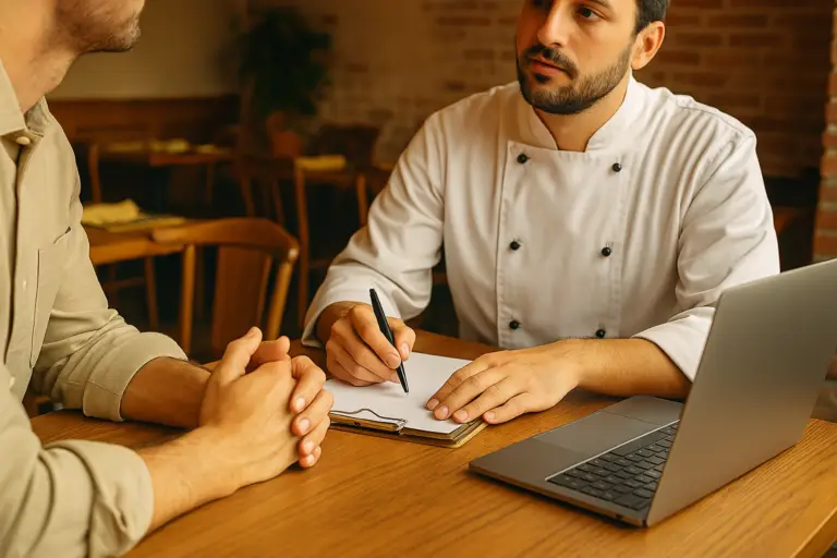 ncontro tra uno chef e un consulente food all’interno di un ristorante, con documenti e laptop sul tavolo