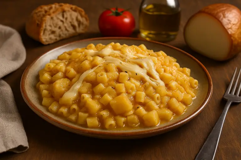 Piatto di pasta e patate con provola filante su tavolo rustico, con pane, pomodoro e provola sullo sfondo.
