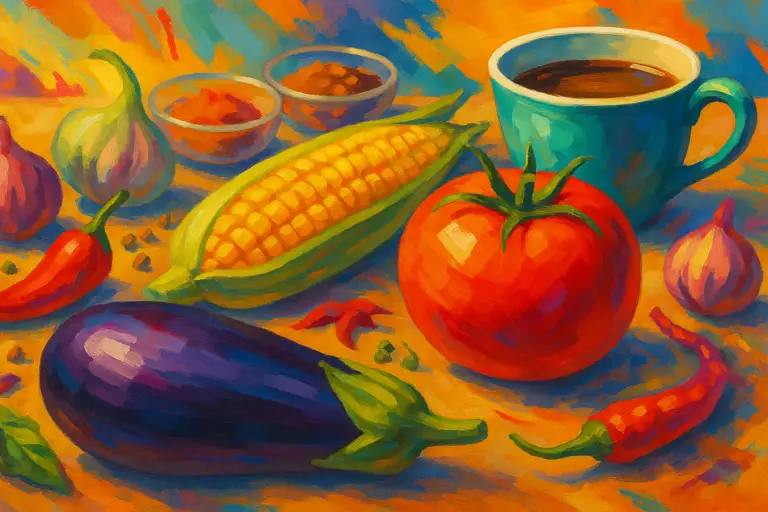 Composizione orizzontale con pomodoro, melanzana, spezie, mais e caffè su sfondo artistico moderno.