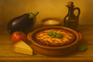 Teglia rustica di parmigiana di melanzane appena sfornata, con fette di melanzana fritte, sugo di pomodoro e formaggio filante in una cucina tradizionale