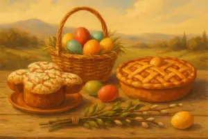 Tavola pasquale con dolci tradizionali e uova colorate su sfondo di paesaggio rurale