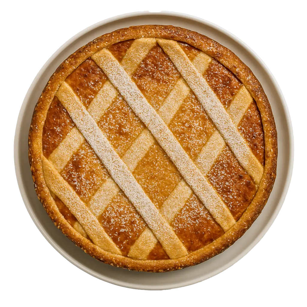 Pastiera napoletana intera vista dall’alto su piatto bianco con grata dorata e zucchero a velo